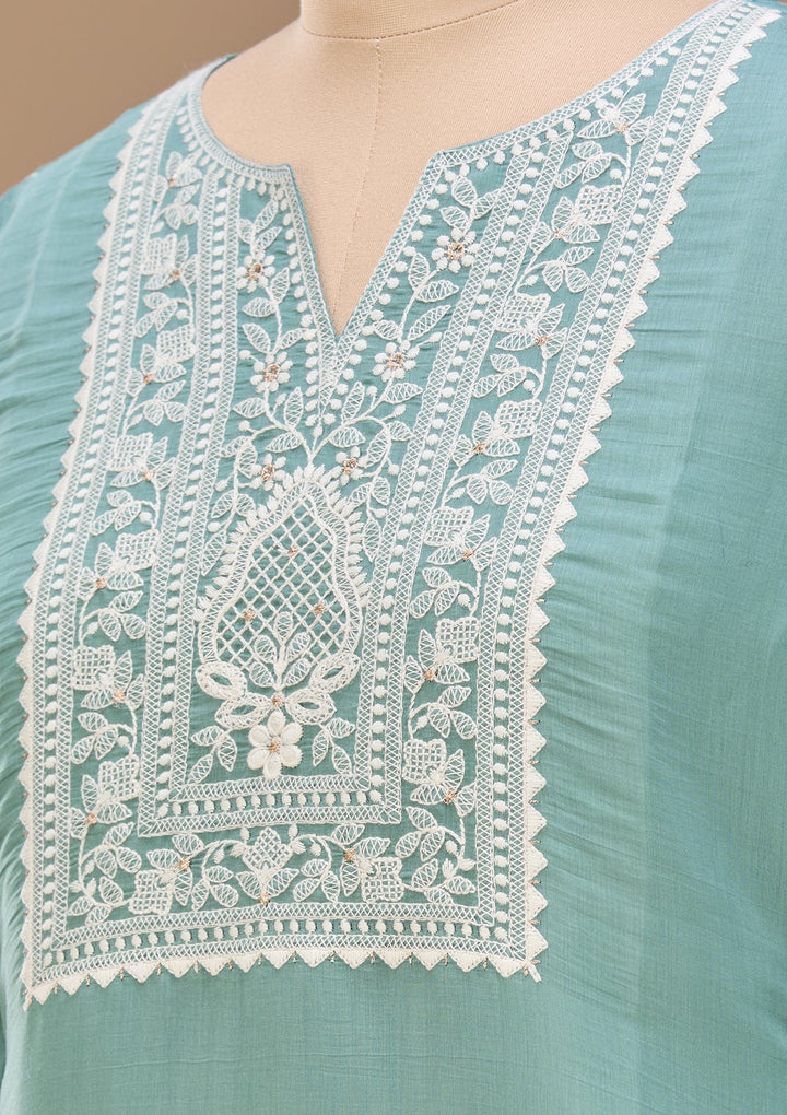 Sea Green Cording Chanderi Readymade Salwar Suit