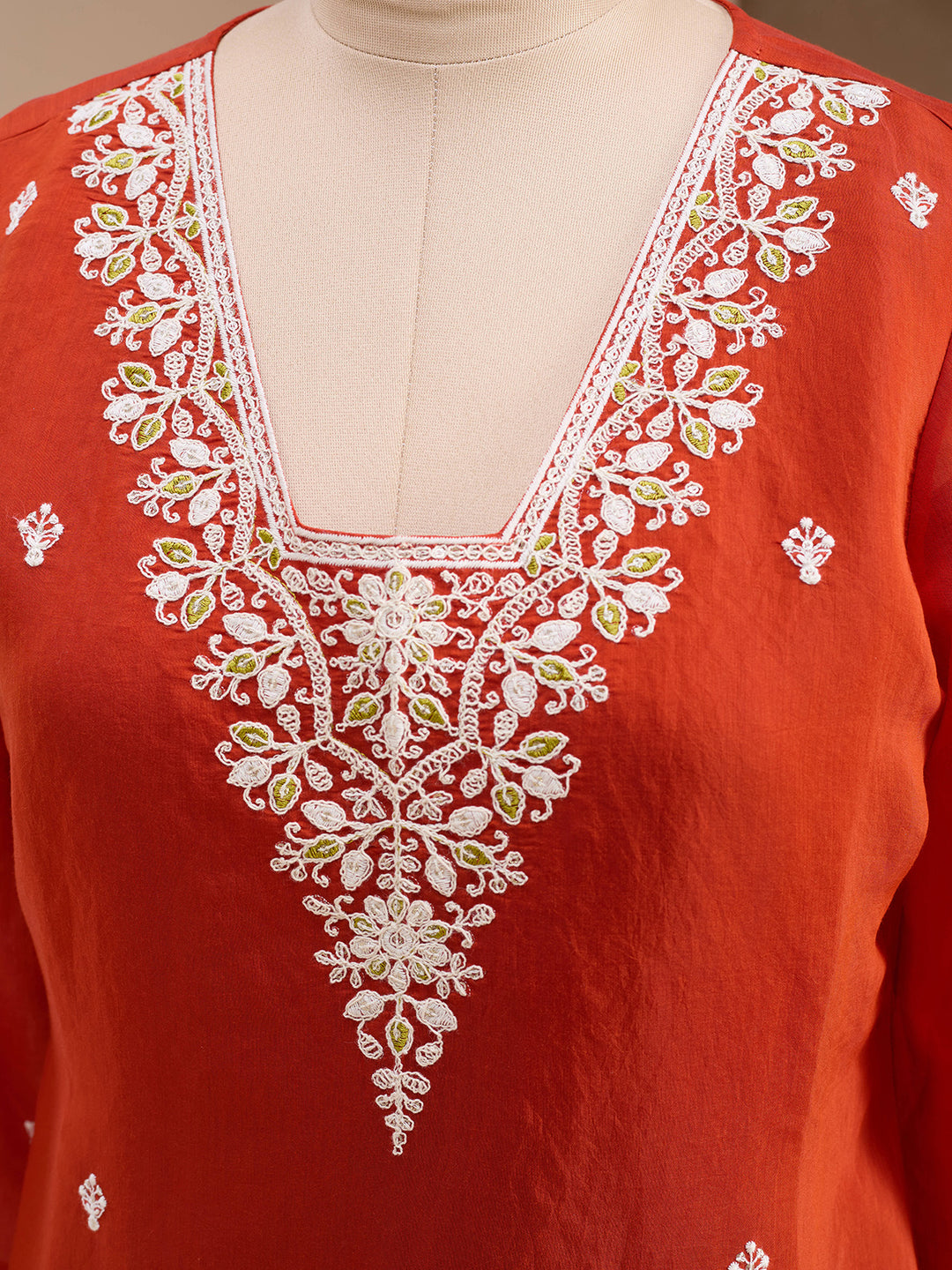 Orange Chanderi Threadwork Straight Kurta With Pant Regular And Dupatta
