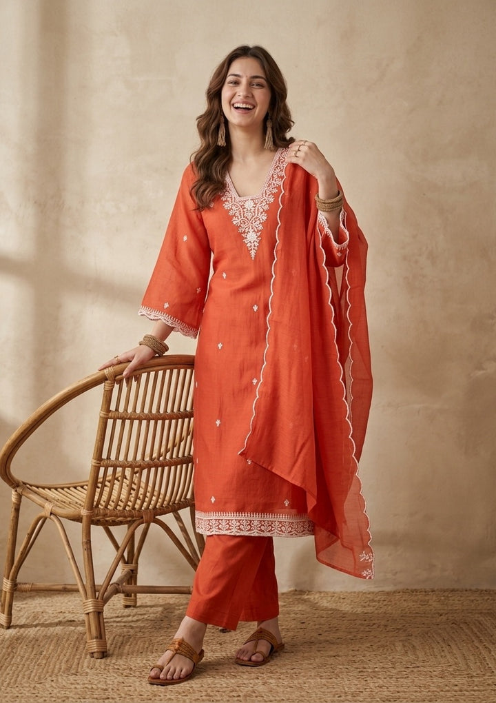 Orange Chanderi Threadwork Straight Kurta With Pant Regular And Dupatta