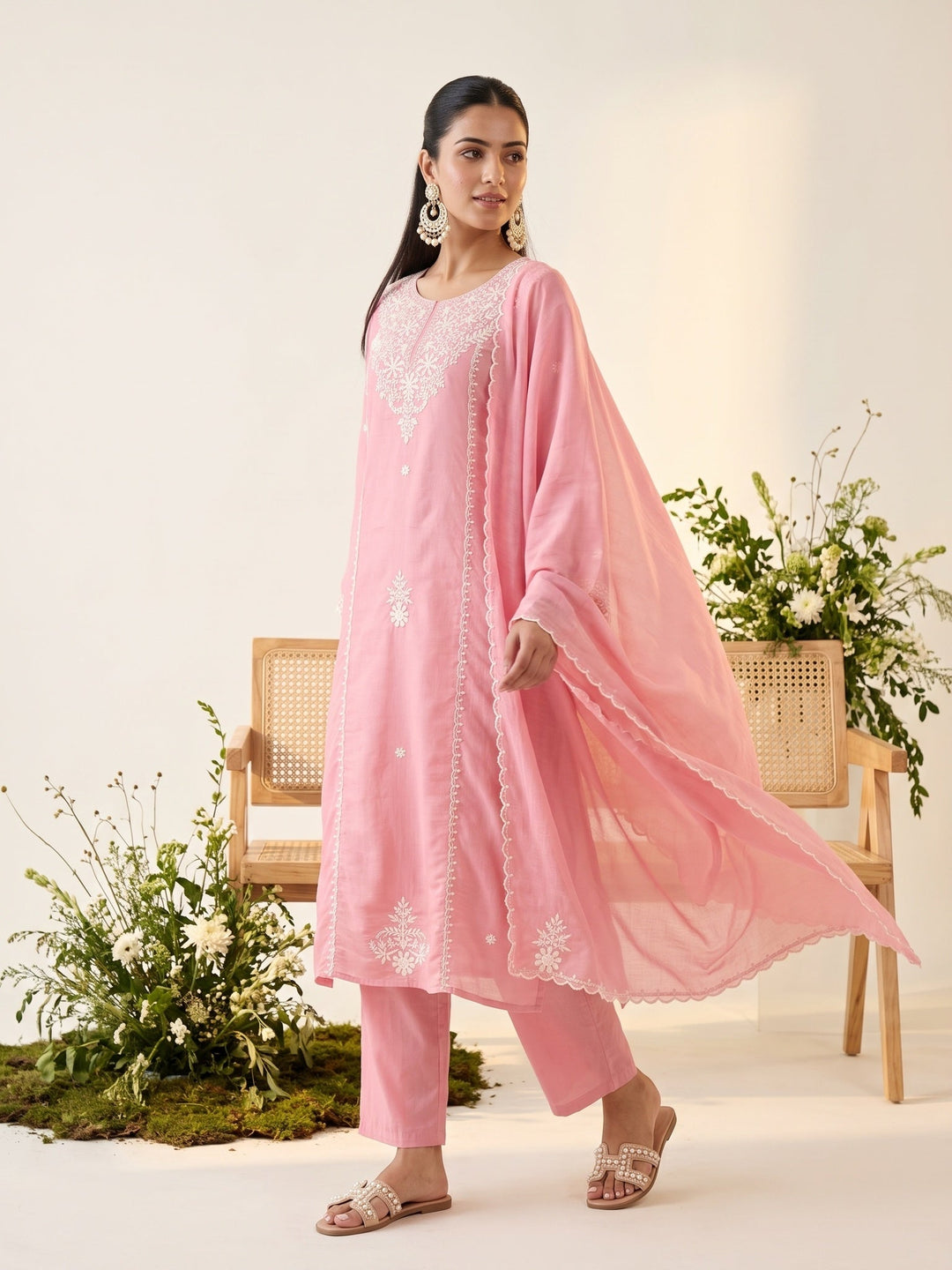 Pink Threadwork Chanderi Readymade Salwar Suit