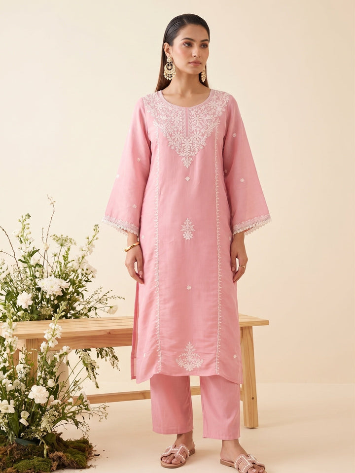 Pink Threadwork Chanderi Readymade Salwar Suit