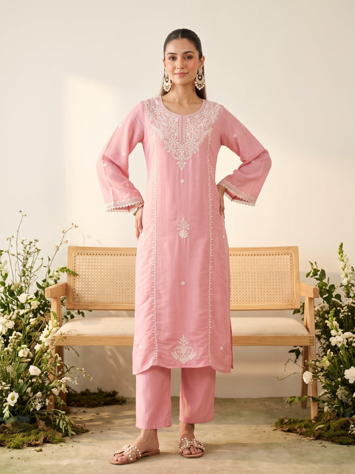 Pink Threadwork Chanderi Readymade Salwar Suit