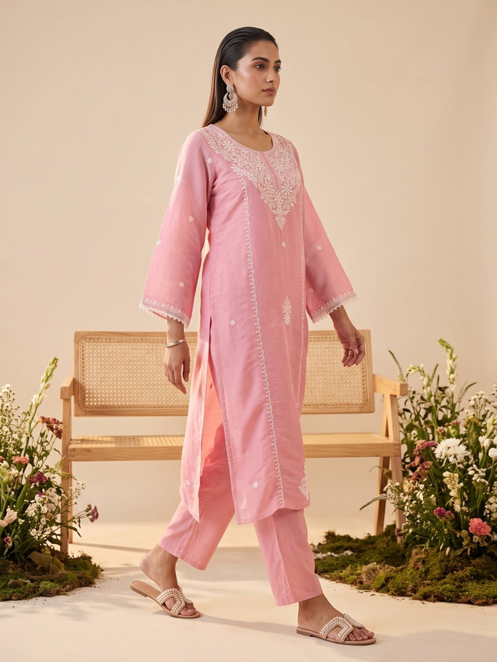 Pink Threadwork Chanderi Readymade Salwar Suit