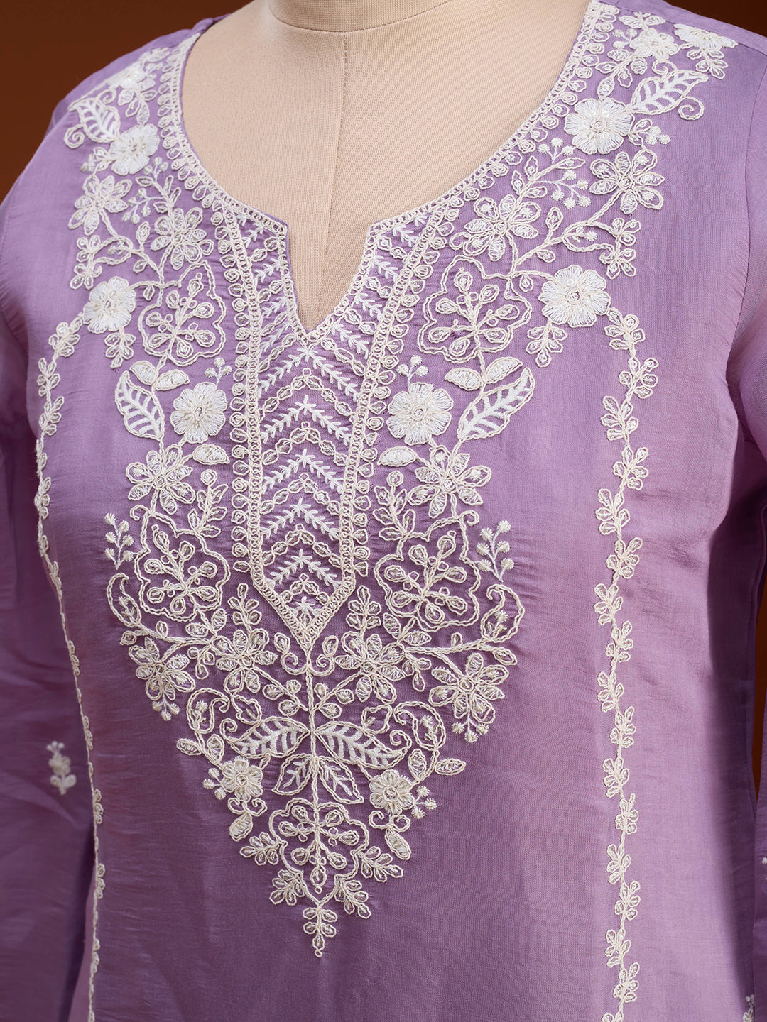 Mauve Chanderi Threadwork Straight Kurta With Pant Regular And Dupatta