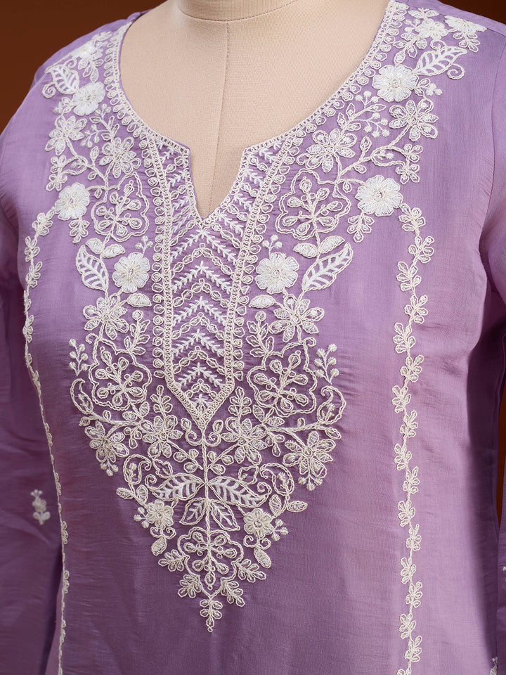 Mauve Chanderi Threadwork Straight Kurta With Pant Regular And Dupatta