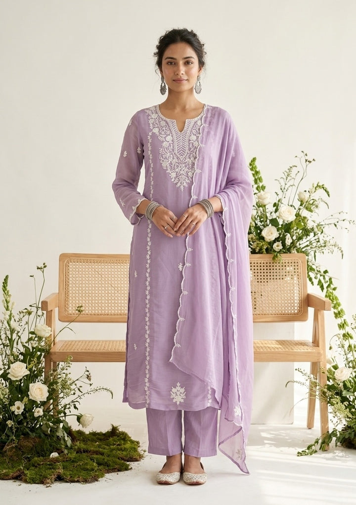 Mauve Chanderi Threadwork Straight Kurta With Pant Regular And Dupatta