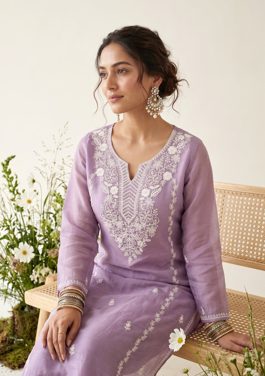 Mauve Chanderi Threadwork Straight Kurta With Pant Regular And Dupatta