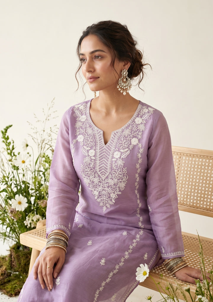 Mauve Chanderi Threadwork Straight Kurta With Pant Regular And Dupatta