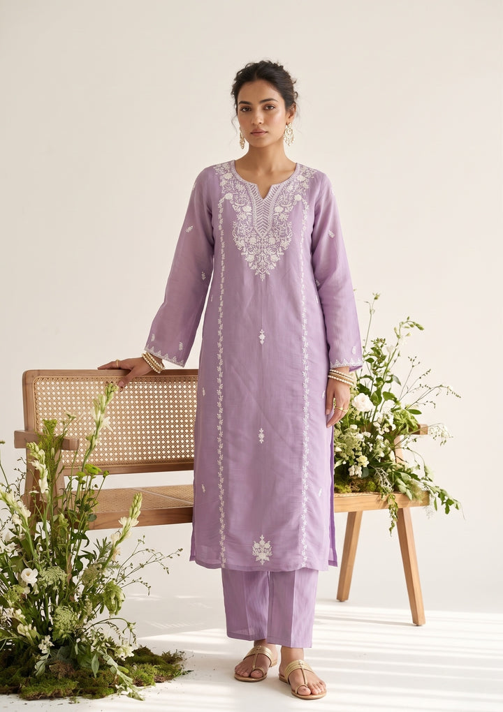 Mauve Chanderi Threadwork Straight Kurta With Pant Regular And Dupatta