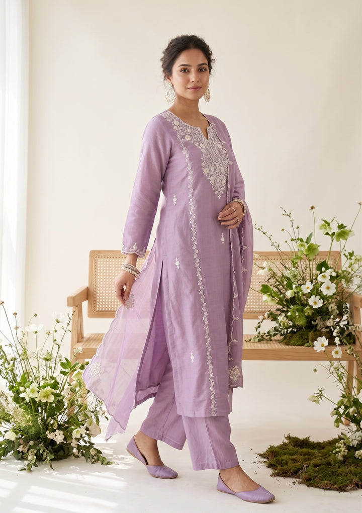 Mauve Chanderi Threadwork Straight Kurta With Pant Regular And Dupatta