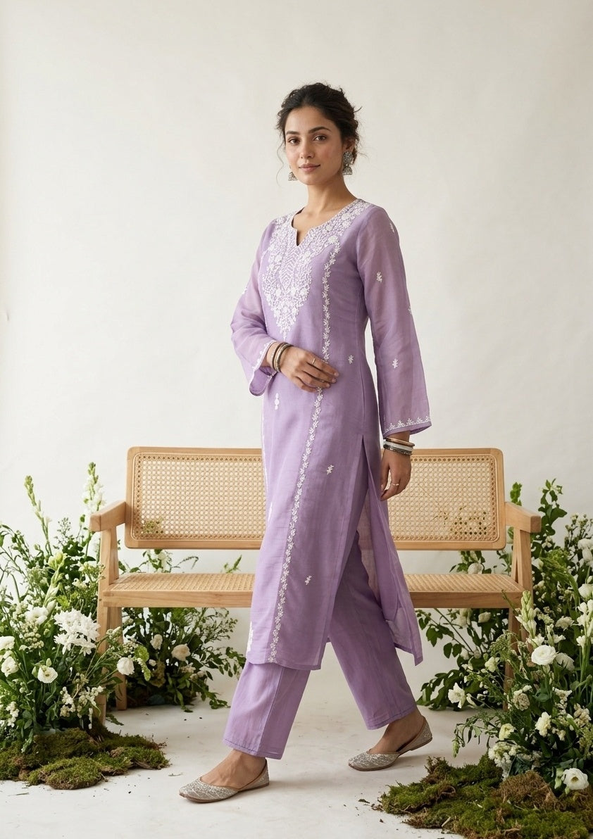 Mauve Chanderi Threadwork Straight Kurta With Pant Regular And Dupatta