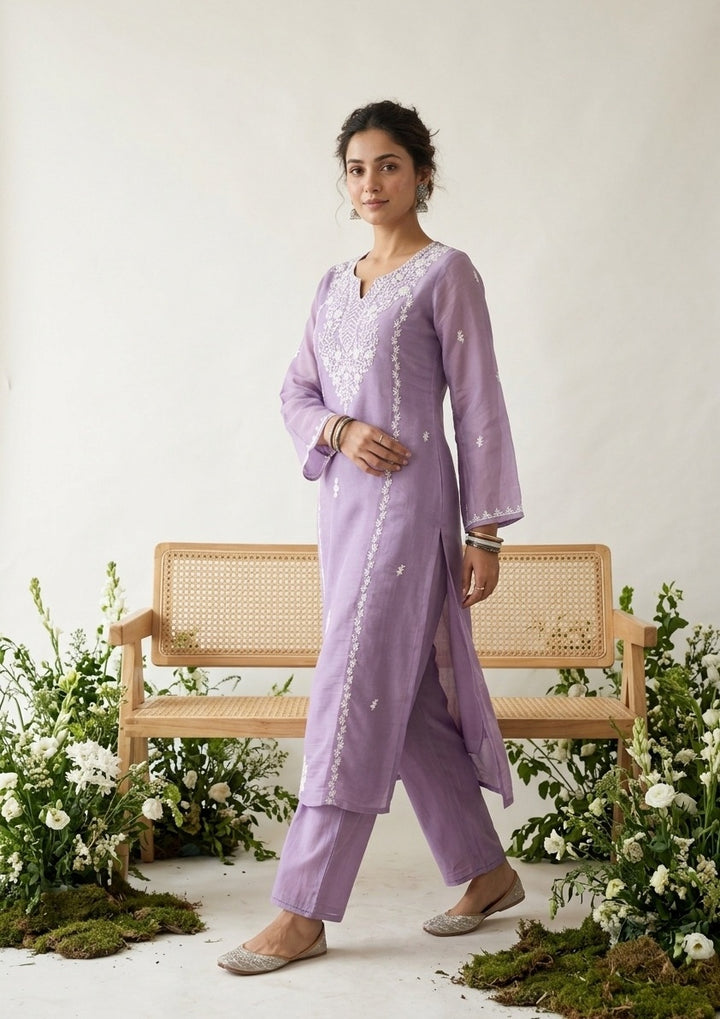 Mauve Chanderi Threadwork Straight Kurta With Pant Regular And Dupatta