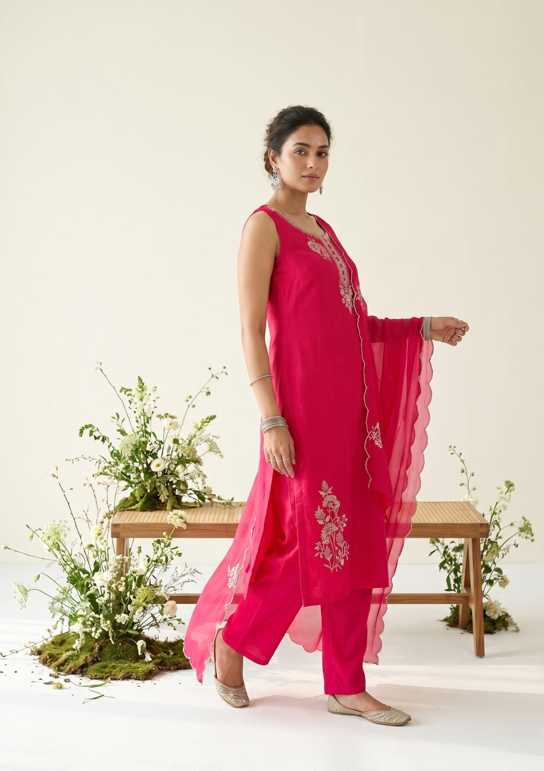 Rani Pink Soft Raw Silk Gold Zariwork Straight Kurta With Pant Regular And Dupatta