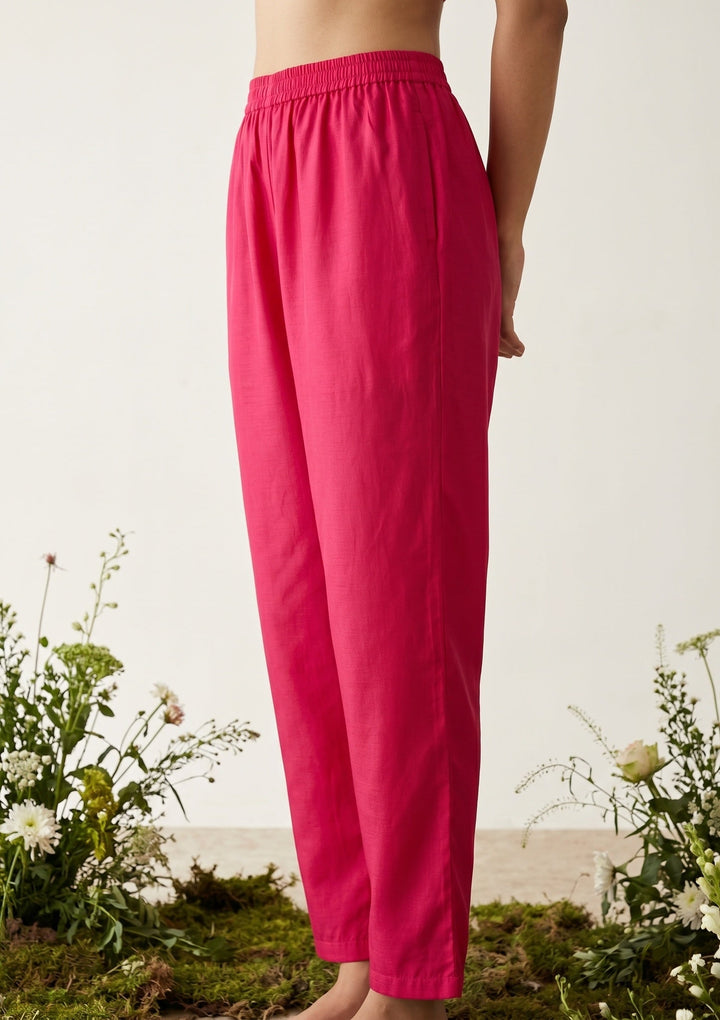 Rani Pink Soft Raw Silk Gold Zariwork Straight Kurta With Pant Regular And Dupatta