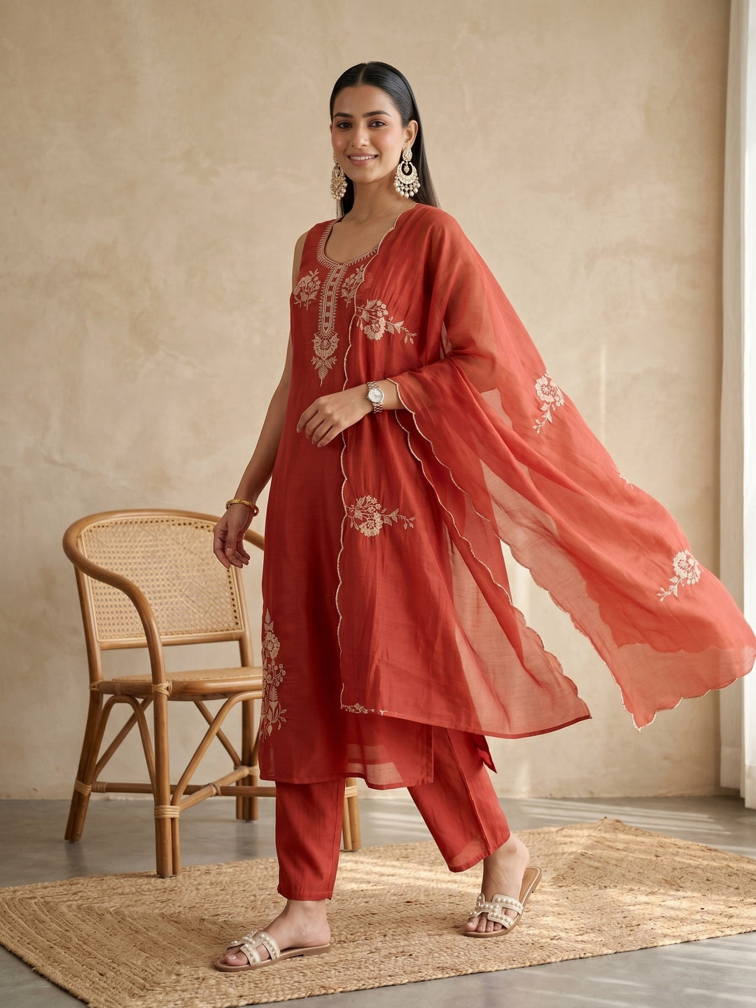 Rust Zariwork (Gold) Chanderi Readymade Salwar Suit