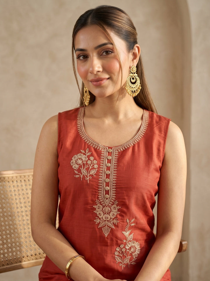 Rust Zariwork (Gold) Chanderi Readymade Salwar Suit
