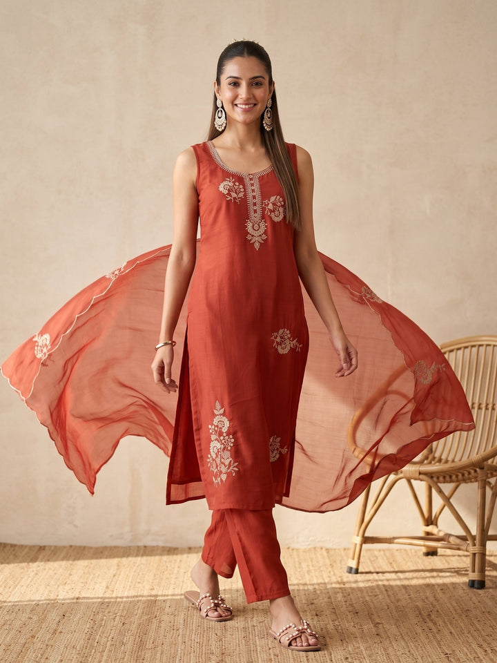 Rust Zariwork (Gold) Chanderi Readymade Salwar Suit