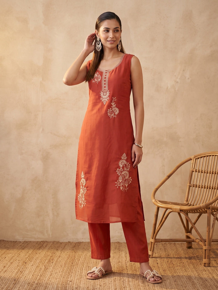 Rust Zariwork (Gold) Chanderi Readymade Salwar Suit