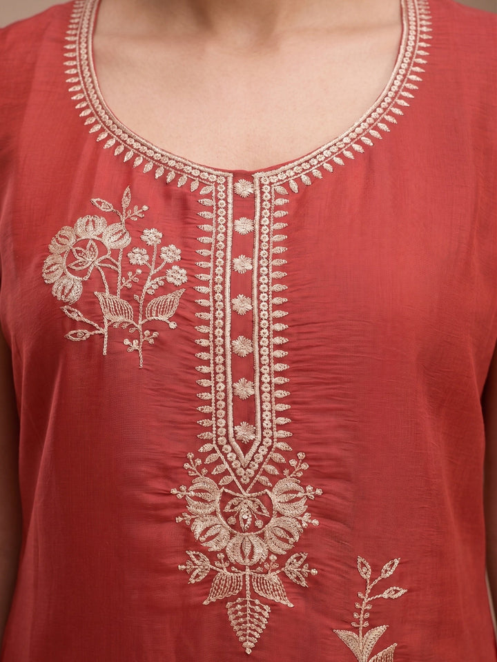 Rust Zariwork (Gold) Chanderi Readymade Salwar Suit