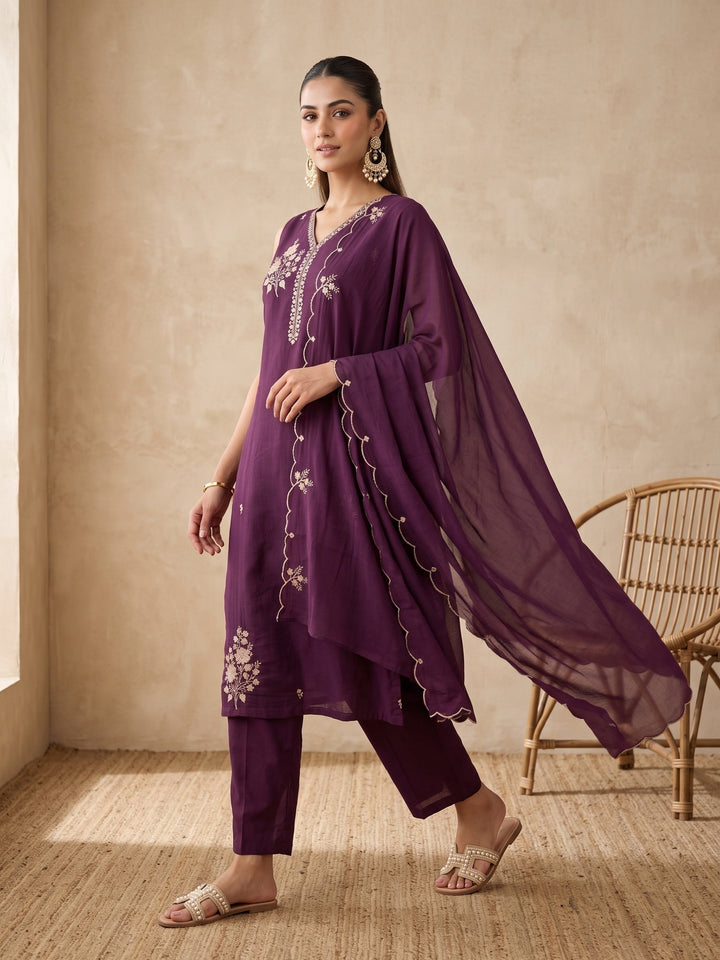 Wine Zariwork (Gold) Chanderi Readymade Salwar Suit