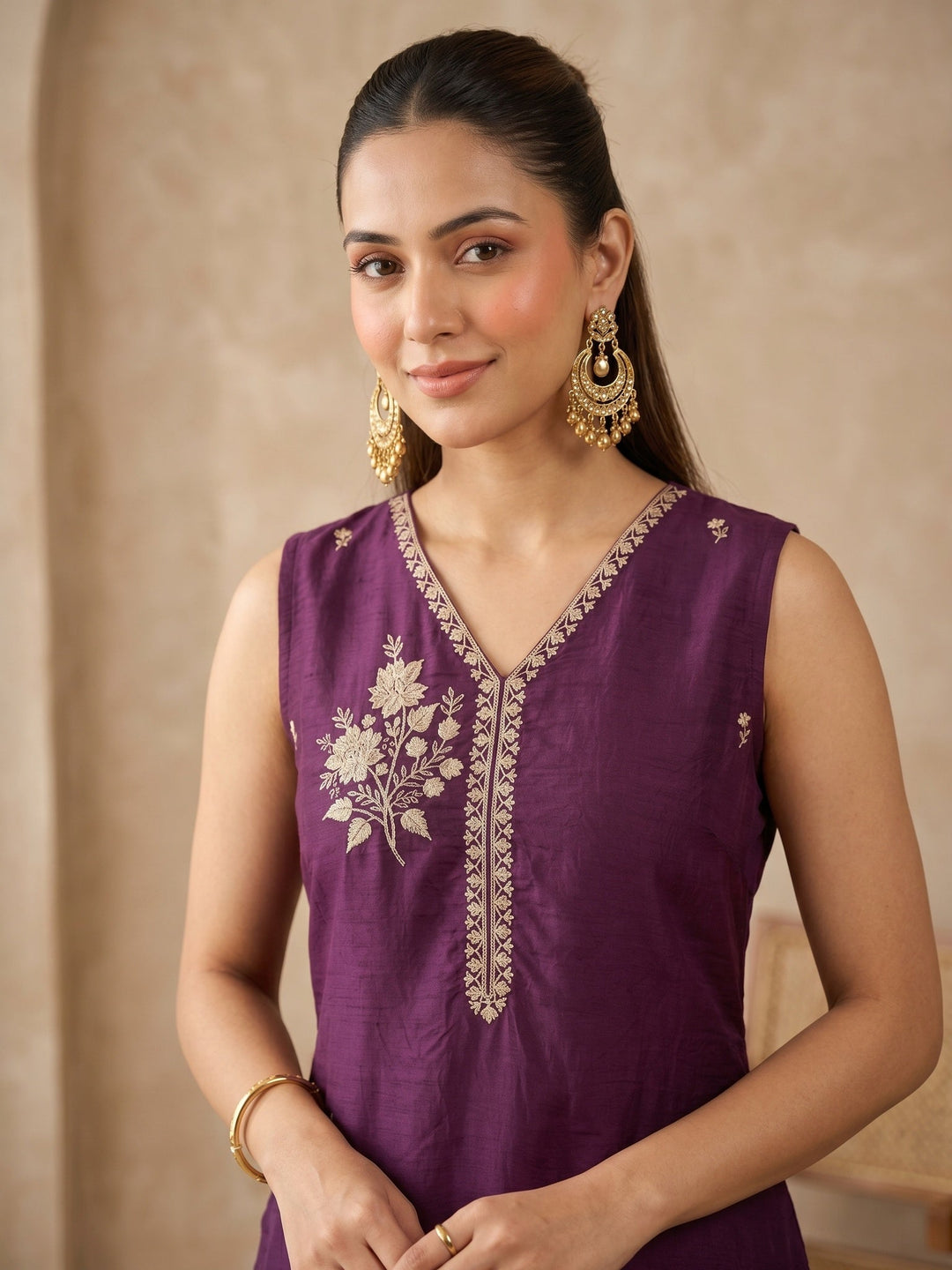 Wine Zariwork (Gold) Chanderi Readymade Salwar Suit