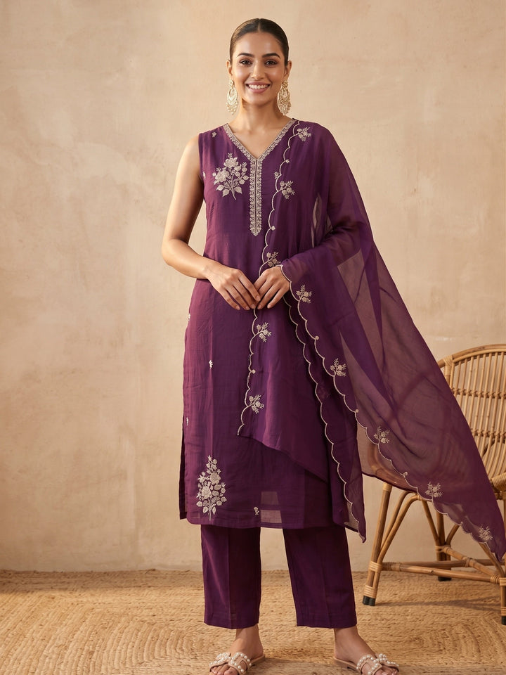 Wine Zariwork (Gold) Chanderi Readymade Salwar Suit