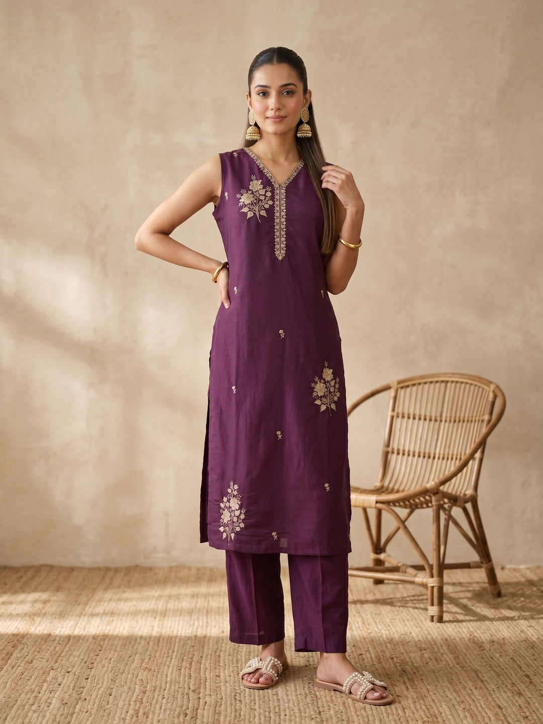 Wine Zariwork (Gold) Chanderi Readymade Salwar Suit