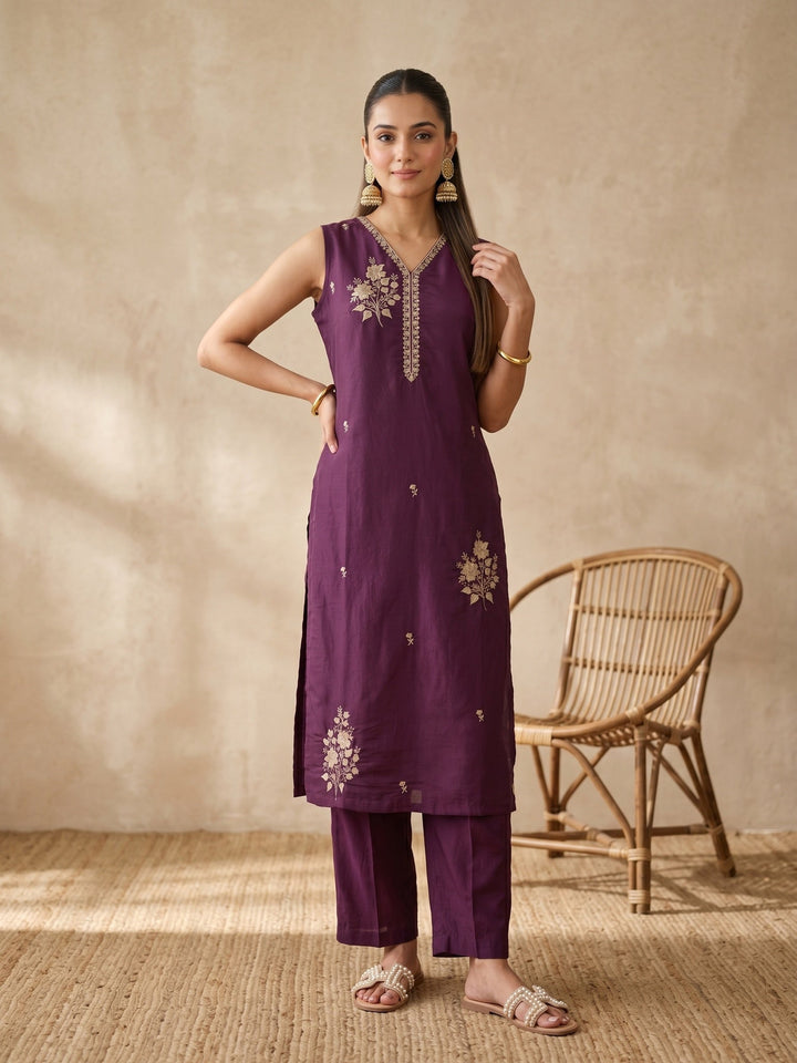Wine Zariwork (Gold) Chanderi Readymade Salwar Suit