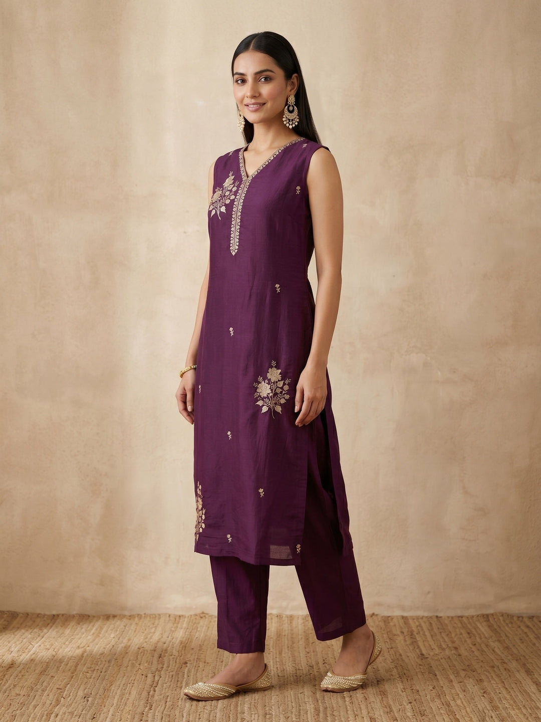 Wine Zariwork (Gold) Chanderi Readymade Salwar Suit