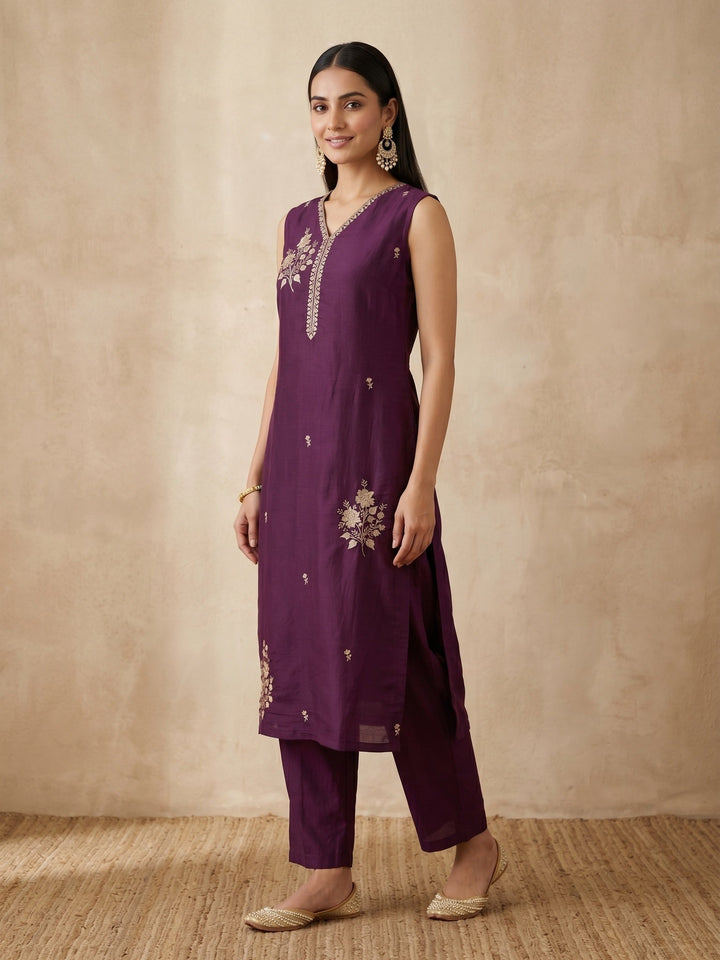Wine Zariwork (Gold) Chanderi Readymade Salwar Suit