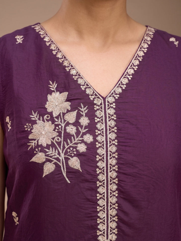 Wine Zariwork (Gold) Chanderi Readymade Salwar Suit