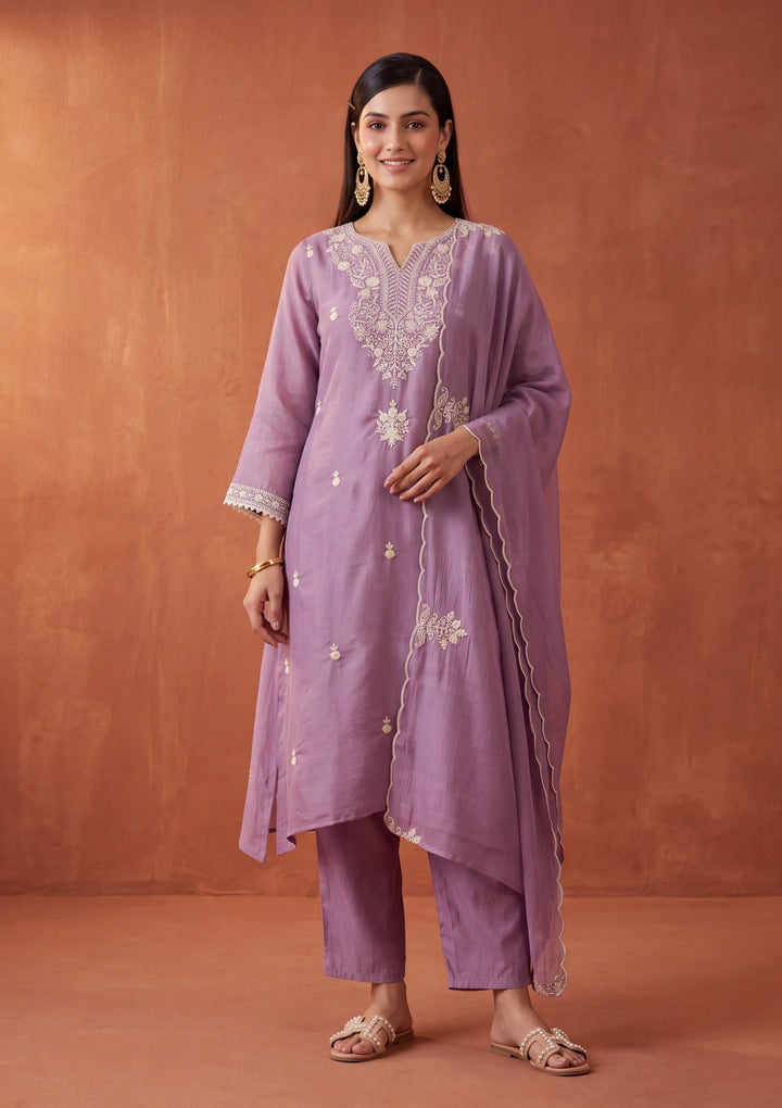 Mauve Threadwork Chanderi Readymade Salwar Suit