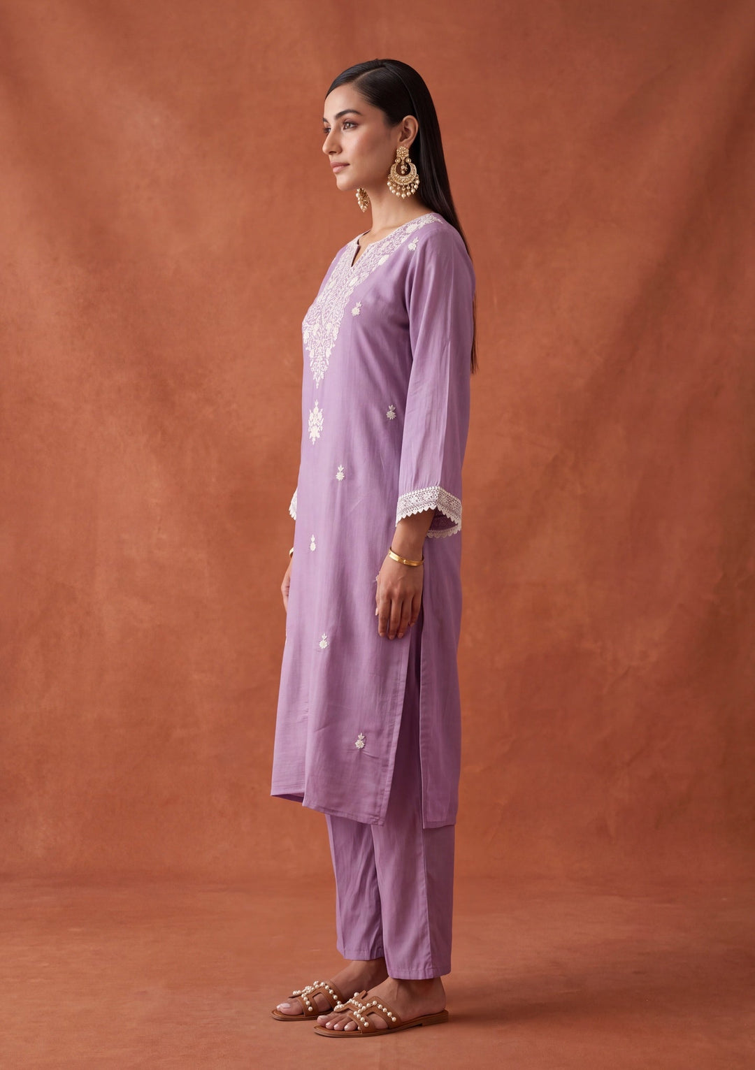 Mauve Threadwork Chanderi Readymade Salwar Suit