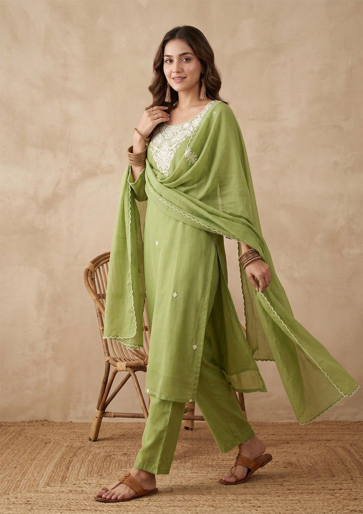 Pista Green Threadwork Chanderi Readymade Salwar Suit