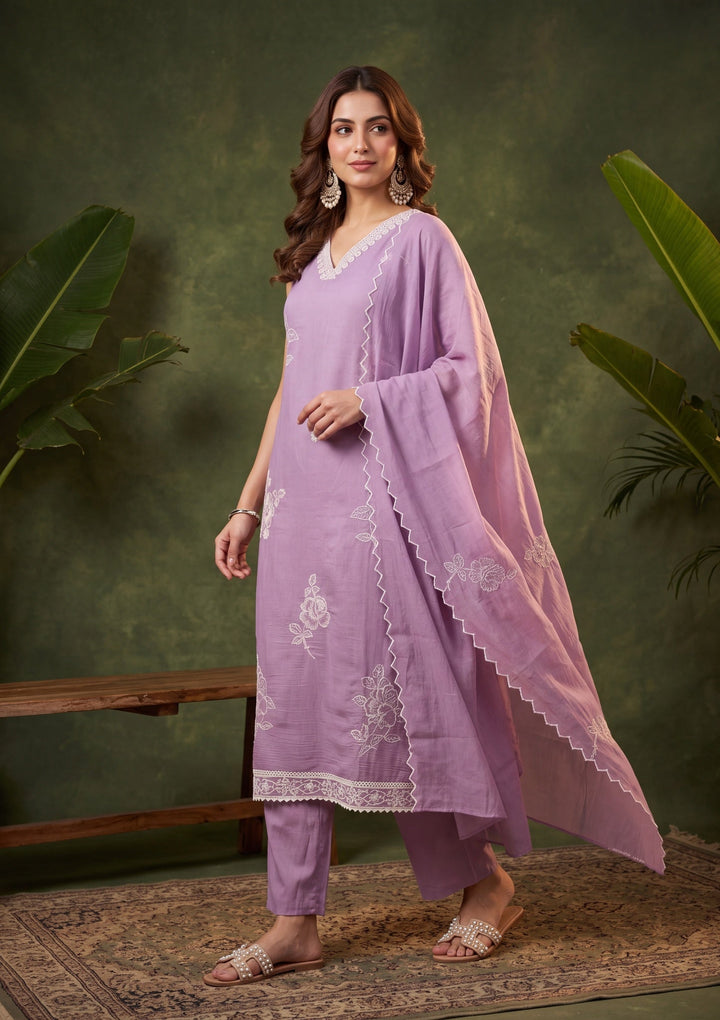 Mauve Chanderi Threadwork Straight Kurta With Pant Regular And Dupatta
