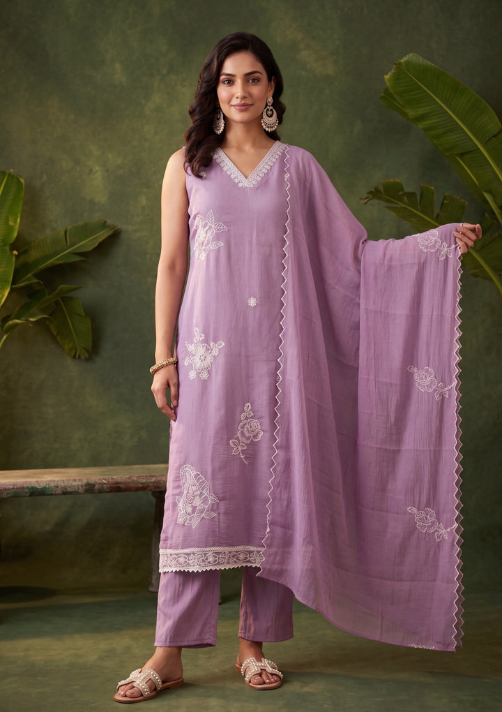 Mauve Chanderi Threadwork Straight Kurta With Pant Regular And Dupatta