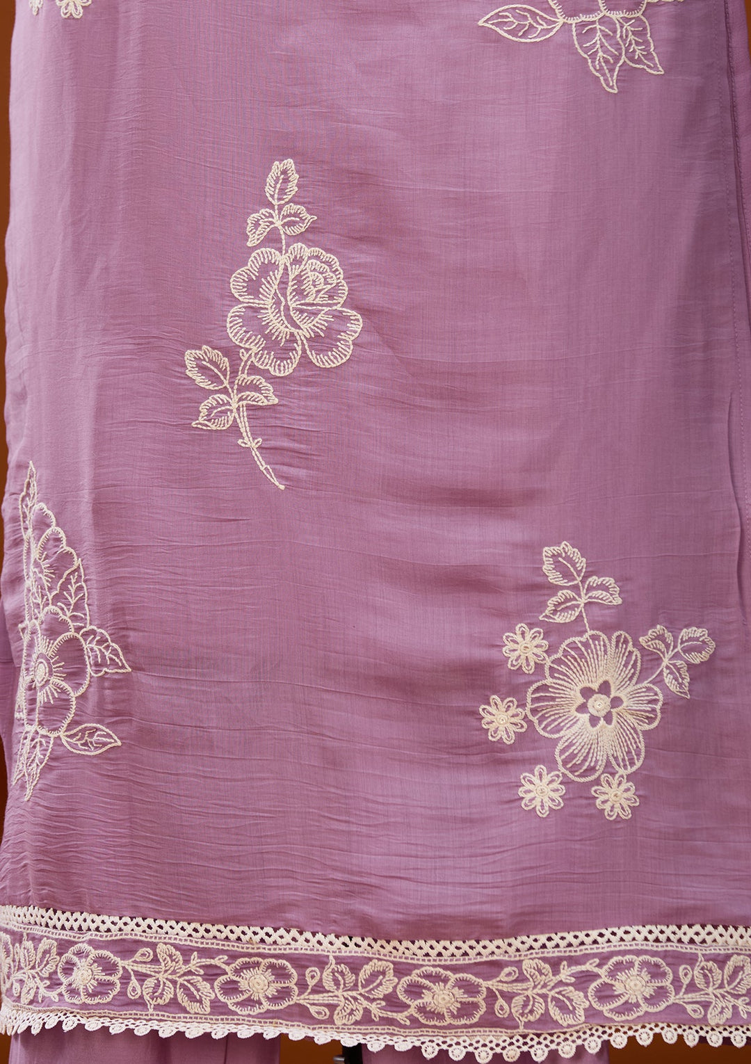 Mauve Chanderi Threadwork Straight Kurta With Pant Regular And Dupatta