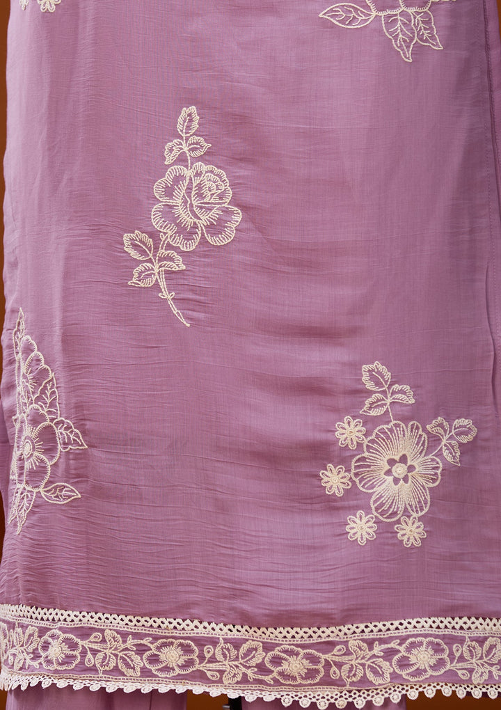 Mauve Chanderi Threadwork Straight Kurta With Pant Regular And Dupatta