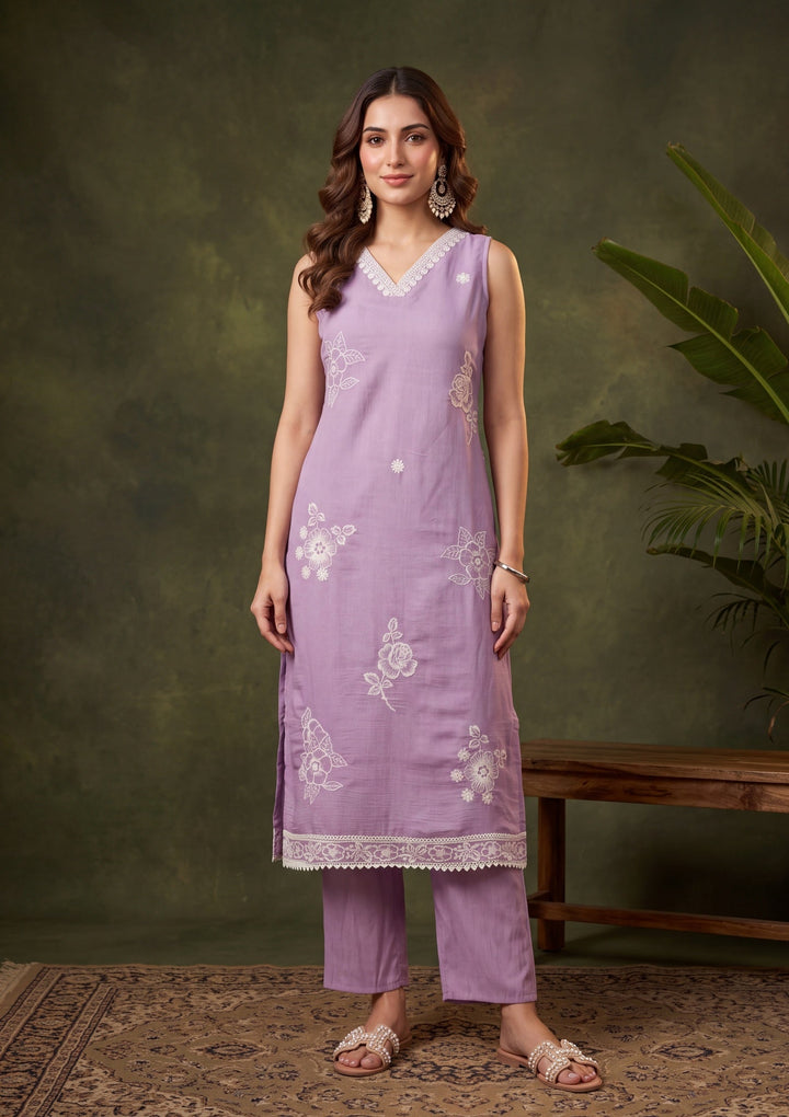 Mauve Chanderi Threadwork Straight Kurta With Pant Regular And Dupatta