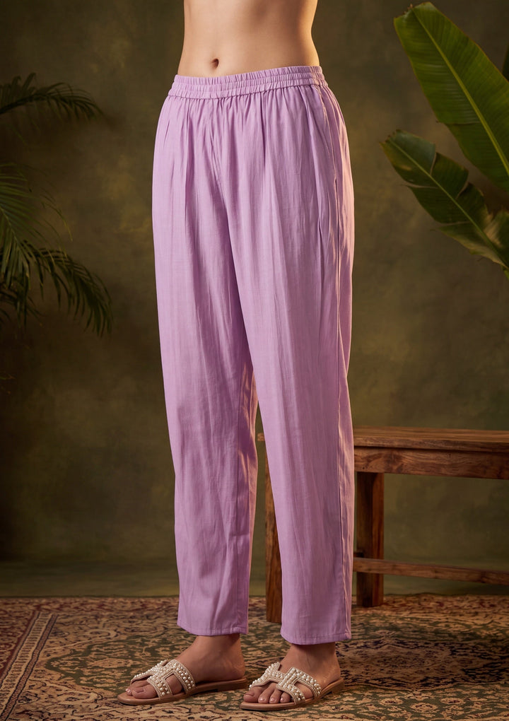 Mauve Chanderi Threadwork Straight Kurta With Pant Regular And Dupatta