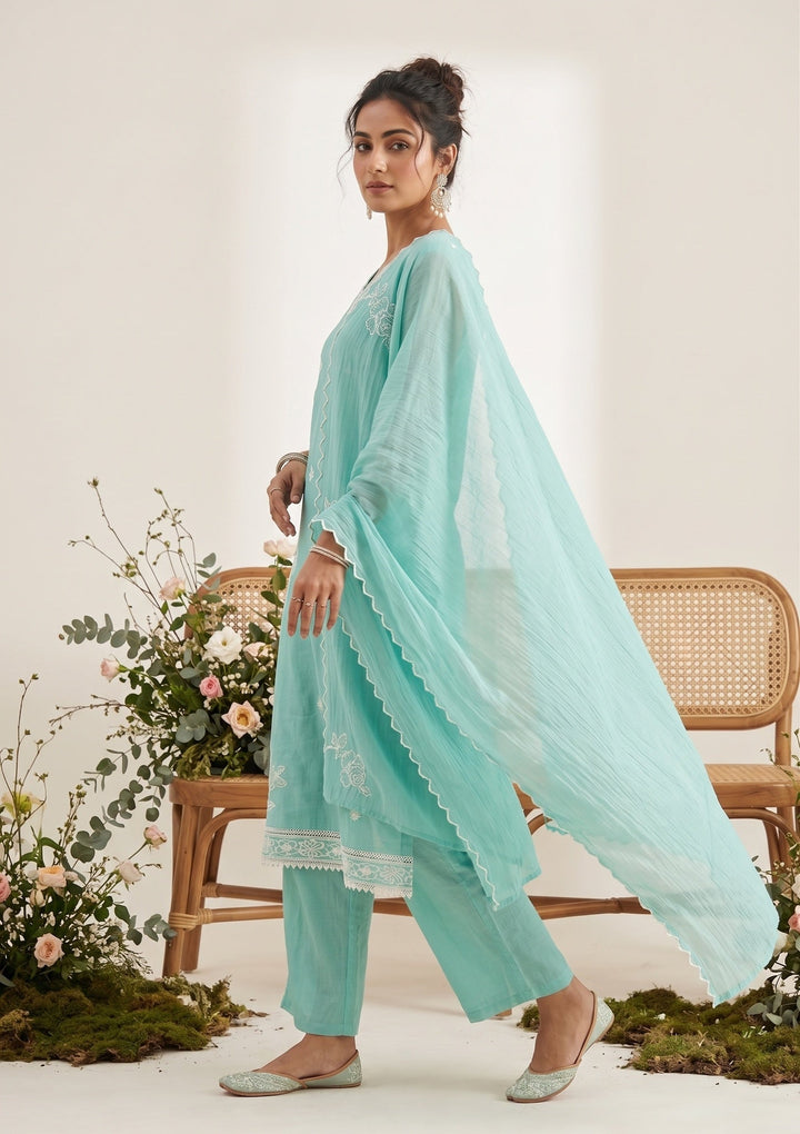 Sea Green Threadwork Chanderi Readymade Salwar Suit