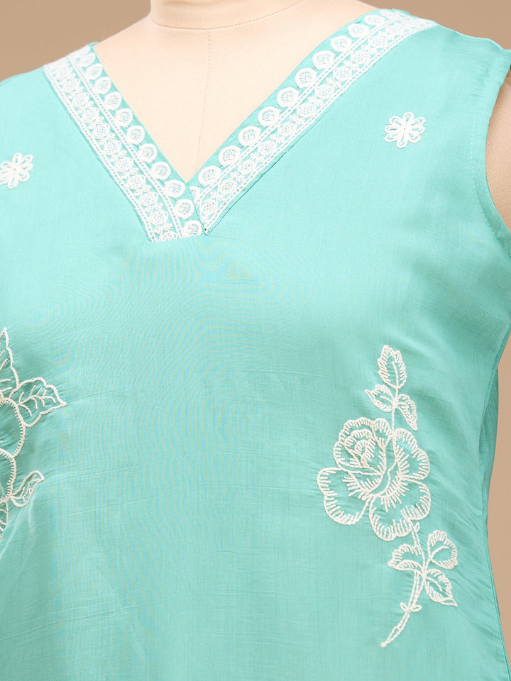 Sea Green Threadwork Chanderi Readymade Salwar Suit