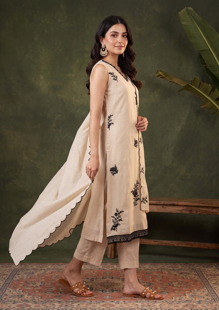 Beige Threadwork Chanderi Readymade Salwar Suit
