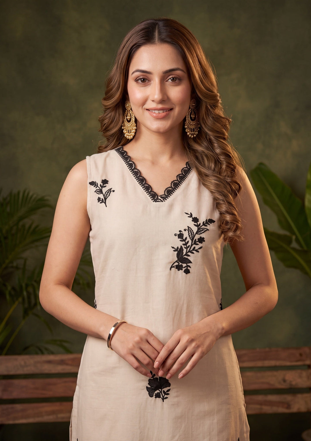 Beige Threadwork Chanderi Readymade Salwar Suit
