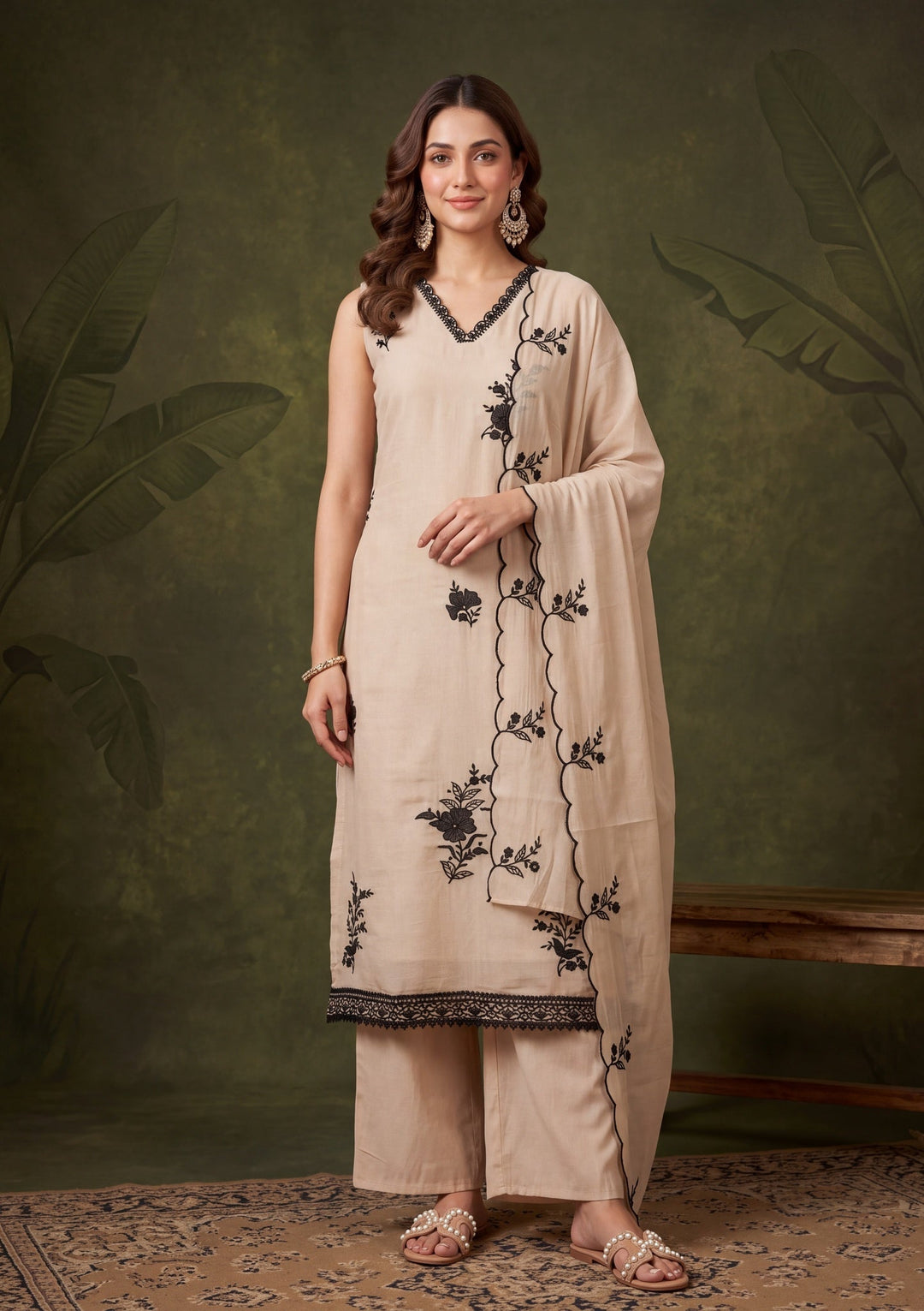 Beige Threadwork Chanderi Readymade Salwar Suit