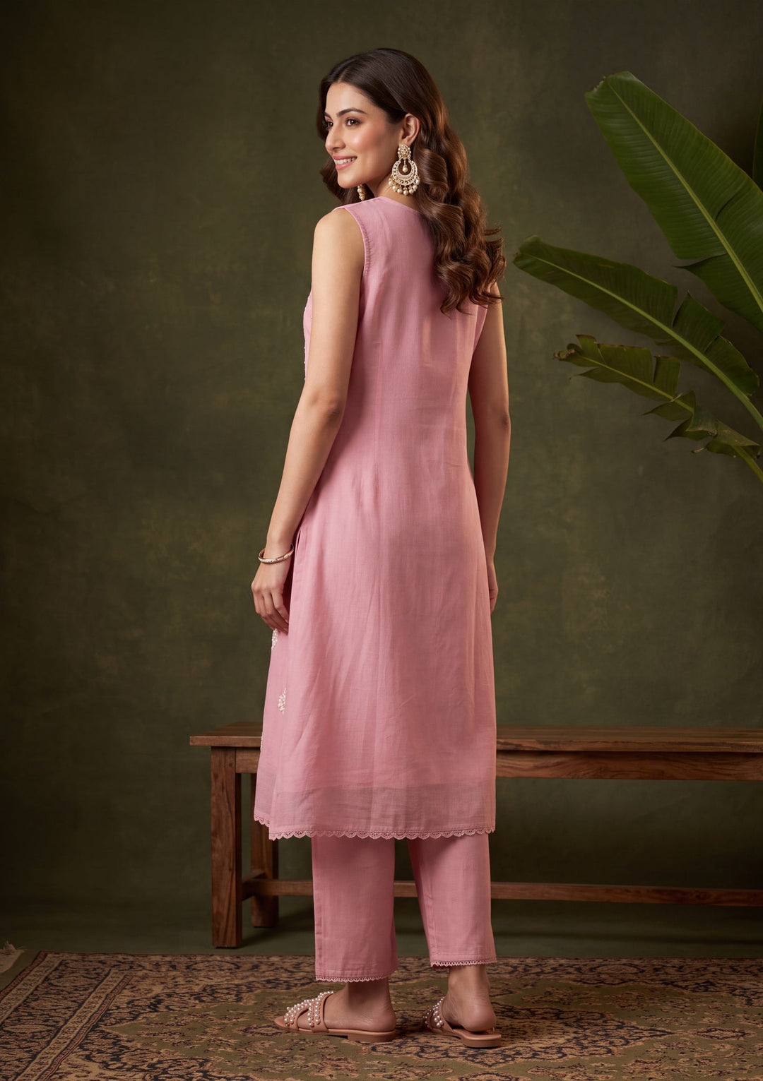 Onion Pink Chanderi Threadwork A Line Kurta With Regular Pant And Dupatta