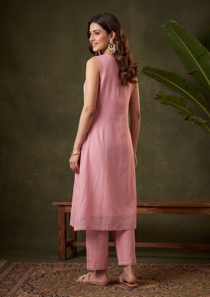 Onion Pink Chanderi Threadwork A Line Kurta With Regular Pant And Dupatta