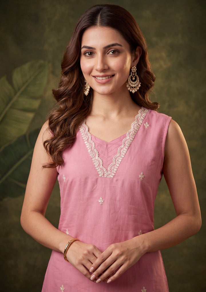 Onion Pink Chanderi Threadwork A Line Kurta With Regular Pant And Dupatta