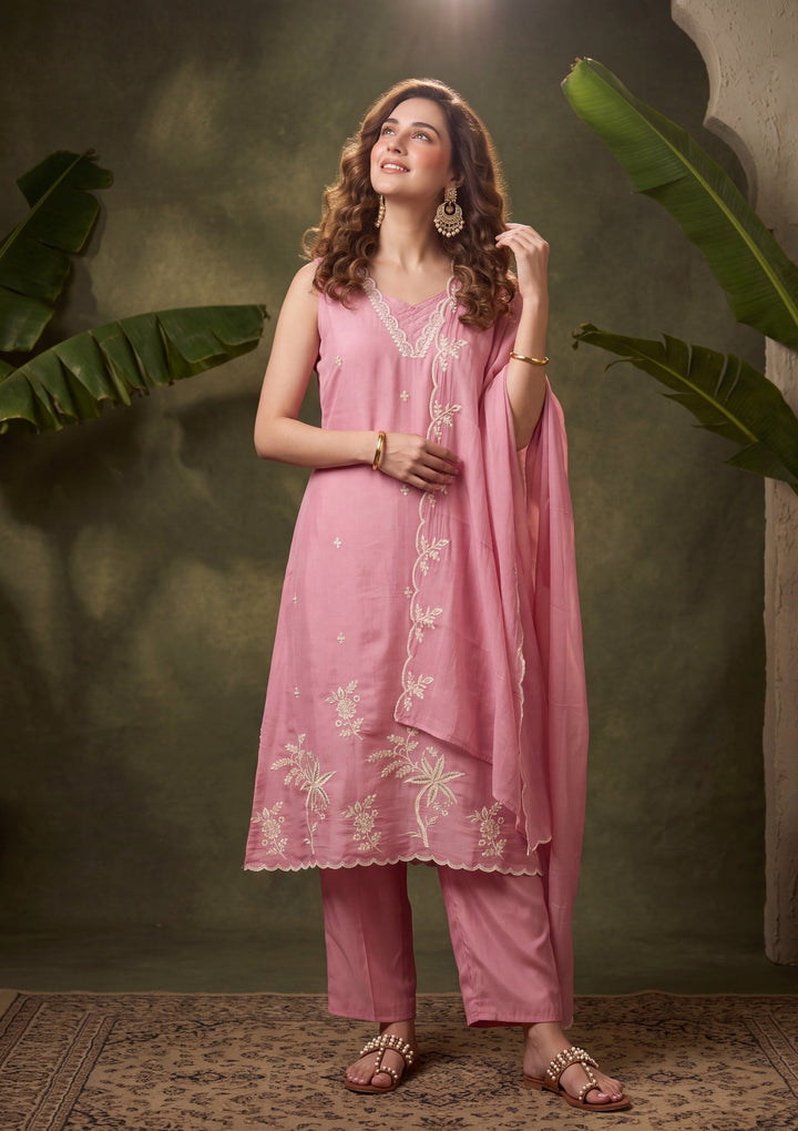 Onion Pink Chanderi Threadwork A Line Kurta With Regular Pant And Dupatta