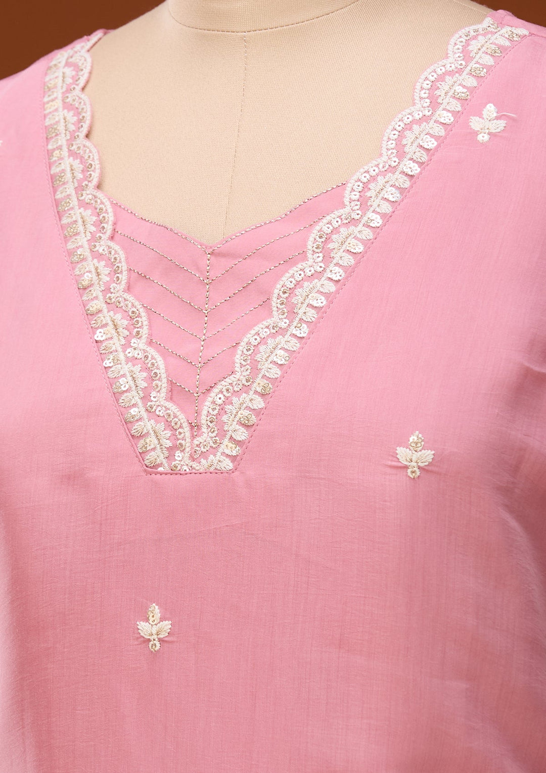 Onion Pink Chanderi Threadwork A Line Kurta With Regular Pant And Dupatta